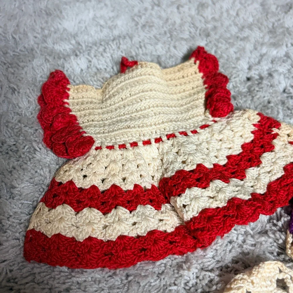 Lot of 2 Vintage Cotton Hand Crocheted Pot‎ Holder/ Dresses Red- Purple READ